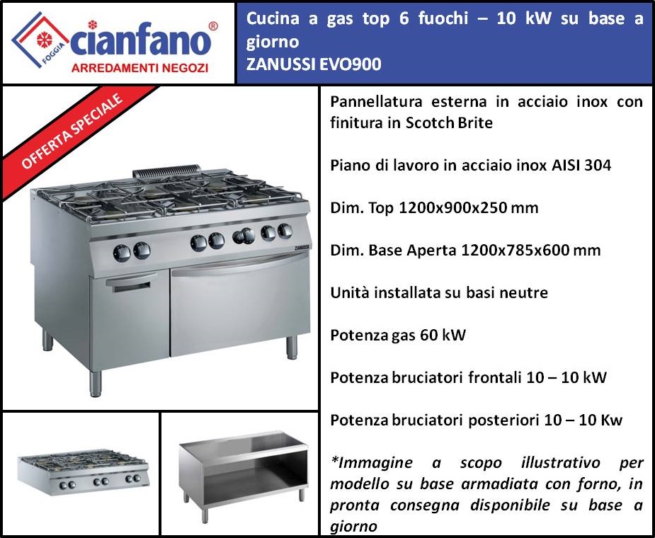 Cucina a gas top 6 fuochi – 10 kW su base a giorno ZANUSSI EVO900 ***VENDUTA***